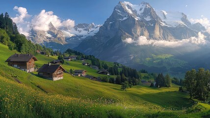 Obraz premium Breathtaking mountain landscape with lush green fields, traditional houses, and majestic peaks under a clear blue sky.
