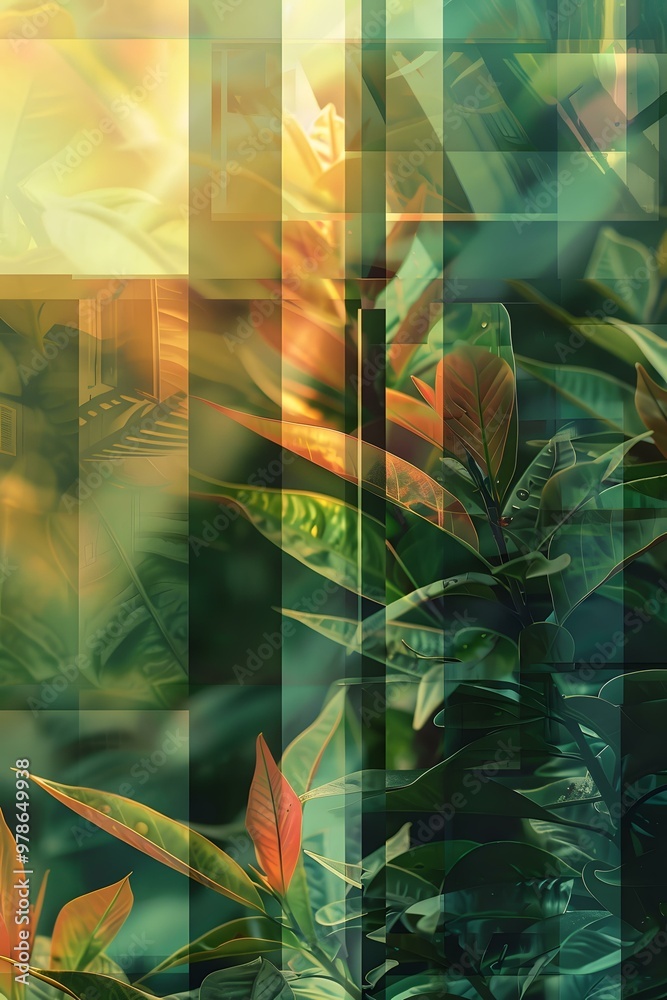 Wall mural Abstract Green and Yellow Leaves with Geometric Shapes