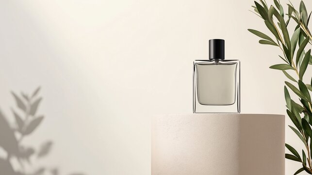 Minimal Elegance: A sleek perfume bottle stands tall on a geometric pedestal, bathed in soft sunlight, a symphony of fragrance and sophistication.
