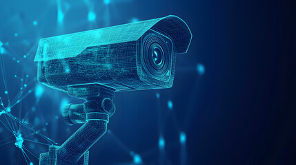 A low polygon CCTV security camera wireframe mesh displayed on a blue background.