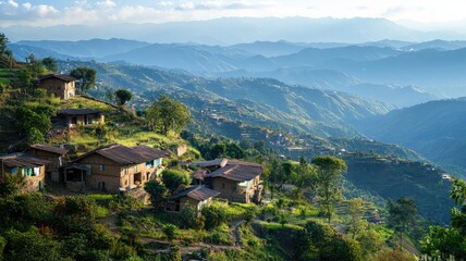 Breathtaking view of hillside houses nestled among lush greenery, showcasing the beauty of nature and mountainous landscapes.