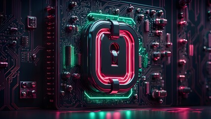 Fototapeta premium A glowing padlock symbol on a circuit board with a dark background.