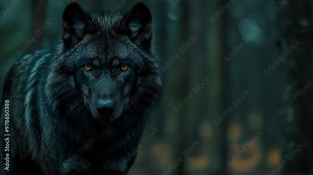 Canvas Prints Intense Gaze of a Black Wolf in a Dark Forest Setting 