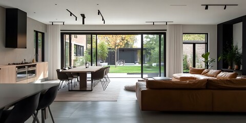 Fototapeta premium Modern Minimalist Living Room with Sliding Glass Doors Leading to Backyard