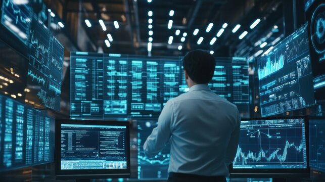 An advanced AI-driven trading floor, where algorithms analyze and predict market trends in real-time, diverse professionals monitoring AI outputs, high-tech and fast-paced environment