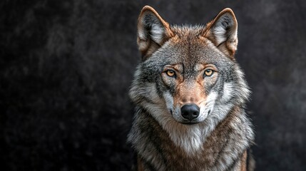 Fototapeta premium Ferocious wolf with a smirking face on a dark backdrop. Concept Wildlife Photography, Animal Portraits, Nature Shots, Predator Aesthetics