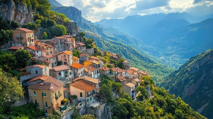 Obraz premium Charming hillside village nestled between majestic mountains and lush valleys under a vibrant sky, perfect for travel enthusiasts.