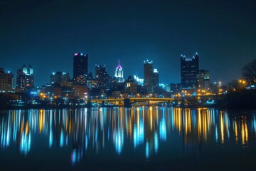 Fototapeta premium Nighttime cityscape reflecting on water, showcasing vibrant lights and skyline architecture.