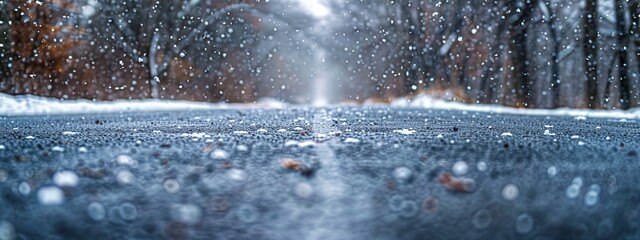 Snowfall on asphalt road in winter season, panoramic banner