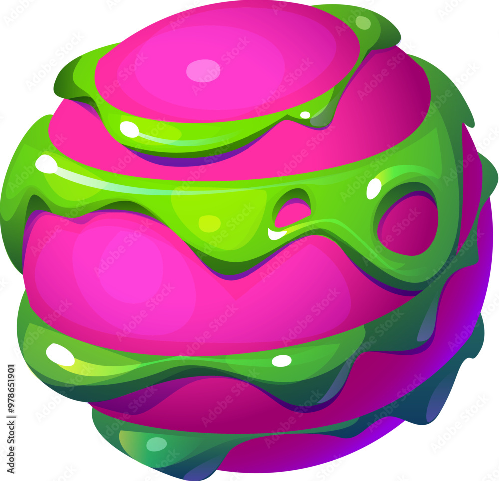 Poster cartoon fantasy galaxy alien space planet. vector vibrant pink and green whimsical, otherworldly sci