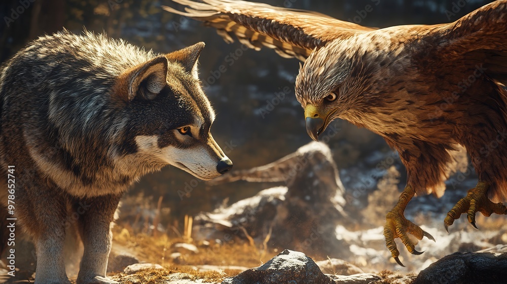 Canvas Prints Predatory animals, wolves and hawks, intense atmosphere, 3D illustration 