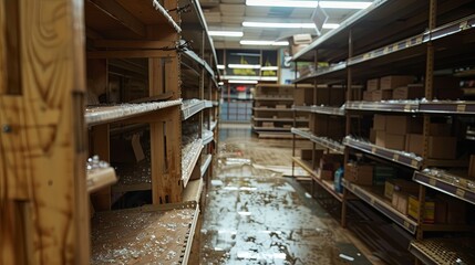 Fototapeta premium An empty retail store with abandoned shelves and a forlorn atmosphere.Natural lighting enhances the desolate mood, emphasizing the emptiness 