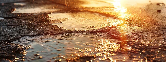 The sun shines through the puddles on cracked asphalt road
