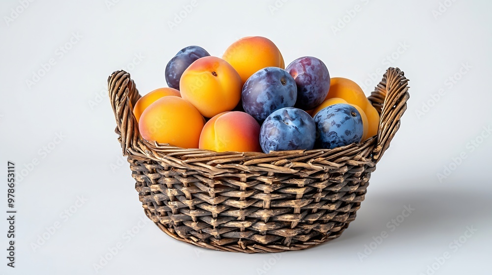 Poster fresh ripe apricots and plums in a basket isolated on white background : generative ai