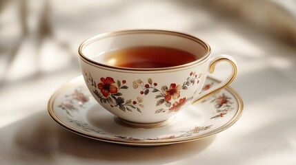 Fototapeta premium A delicate teacup filled with tea, resting on a matching saucer.