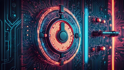 A glowing futuristic lock with red and blue light on a circuit board background.
