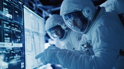 Astrobiology research on the International Space Station, astronauts conducting experiments with organic compounds, digital displays showing complex data