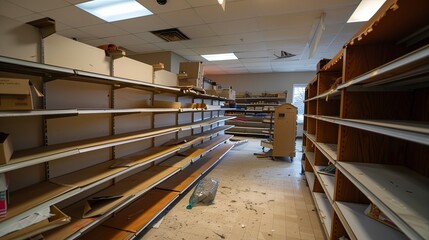 Fototapeta premium An empty retail store with abandoned shelves and a forlorn atmosphere, captured with a Canon EOS 5D Mark IV and 50mm f/1.4 lens. Natural lighting enhances the desolate mood, emphasizing the emptiness 