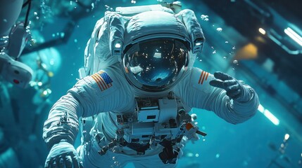 Astronaut training underwater to simulate zero-gravity, performing complex maneuvers and repairs, emphasis on precision and skill, futuristic setting