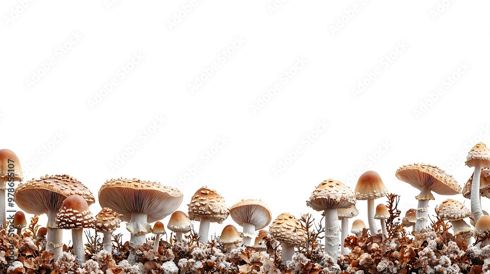 Poster mushrooms border on white background : generative ai