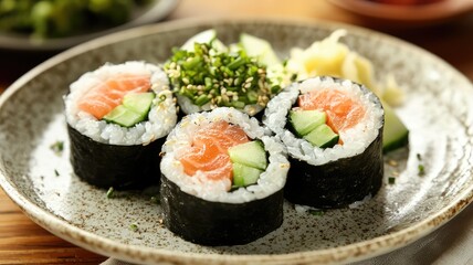 Delicious sushi rolls filled with fresh salmon and cucumber served on a rustic plate, perfect for food photography.