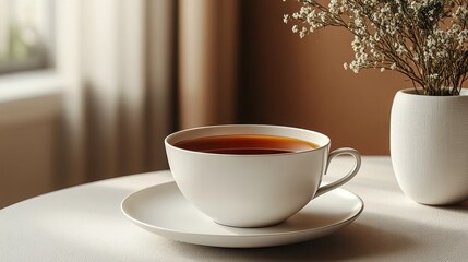 Fototapeta premium A serene cup of tea on a table with delicate flowers nearby.