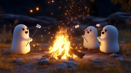 Cute 3D-rendered ghosts holding marshmallow sticks gathered around a warm campfire with sparks flying in the air