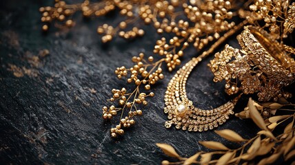 Elegantly arranged gold jewelry and decorative elements on a dark textured surface, perfect for luxury-themed designs.