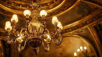 Obraz premium Elegant vintage chandelier suspended from an ornate ceiling, illuminating the luxurious interior with golden details and warm light.