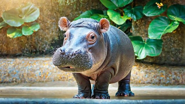 Hippopotamus stands on a riverbank, surrounded by vibrant greenery and bathed in warm sunlight. 