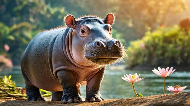Hippopotamus stands on a riverbank, surrounded by vibrant greenery and bathed in warm sunlight. 