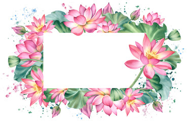 Watercolor pink lotuses on a white background. Water lilies are hand painted. A composition with a lotus. A template for the design of postcards, invitations, and fabrics.