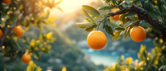 Ripe orange fruit hanging from a branch in an orchard.