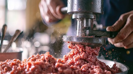 Freshly ground meat being processed with a grinder in a culinary setting, showcasing hands-on food preparation skills.