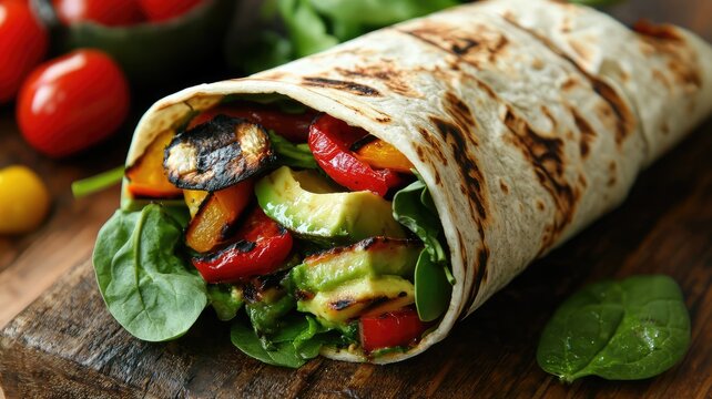 Freshly made vegetable wrap filled with colorful grilled veggies and spinach, served on a wooden board.