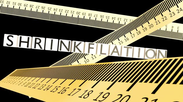 3d animation of the word "SHRINKFLATION" and a coiled measuring tape with black markings, this tactic used by manufacturers to increase prices without explicitly raising them on the label