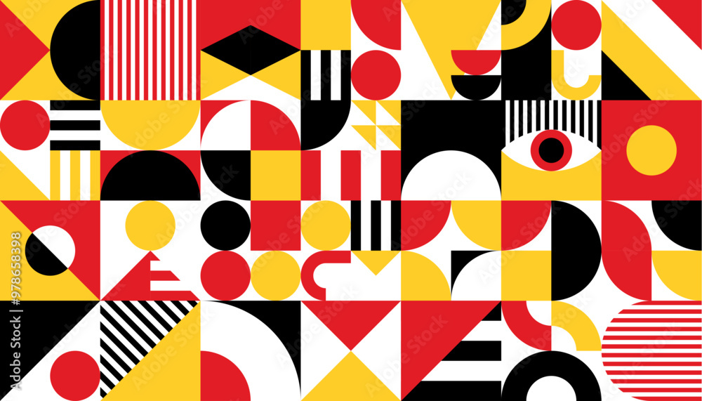 Poster Black, red, yellow and white abstract modern geometric pattern, vector background. Color shapes and mosaic pattern tile with simple geometric figures of triangle and circle elements for background