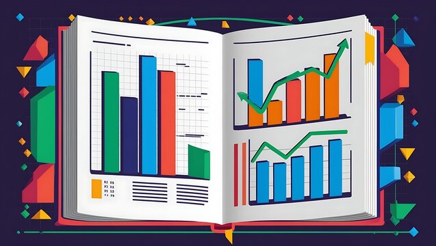Open book displaying vibrant bar and line graphs on both pages, perfect for illustrating business reports or analytics designs.