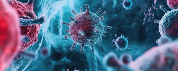 Close-up view of viruses in vibrant colors, showcasing intricate details of their structure and potential health implications.