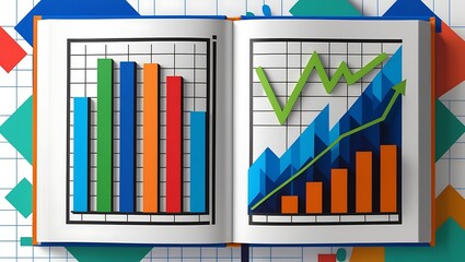 Digitally rendered book with colorful bar and line graphs, ideal for educational content, data presentations, or business-themed illustrations.