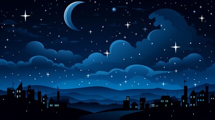 A tranquil night sky over a quiet village surrounded by mountains and softly glowing stars