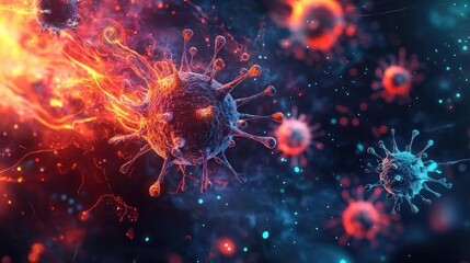 Abstract illustration of viruses in vibrant colors, showcasing dynamic movement and intricate details. Perfect for medical and scientific themes.