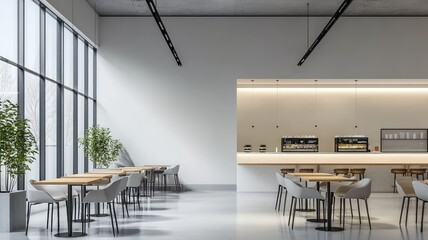 Modern cafe interior with sleek furniture, large windows, and a warm ambiance, perfect for relaxation and social gatherings.
