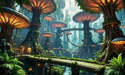 Obraz premium Futuristic Tree Cityscape with Skywalks