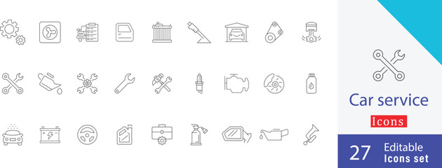 Car service thin line icons set. containing  spark plug, service history, piston, radiator, hammer & wrench, garage, gearbox, smart key and more editable line art