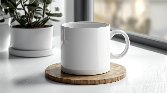 Minimalistic white blank mug with a wooden coaster on a white table, front-facing mock-up for product branding and design presentation, ideal for showcasing logos, text, or custom artwork.