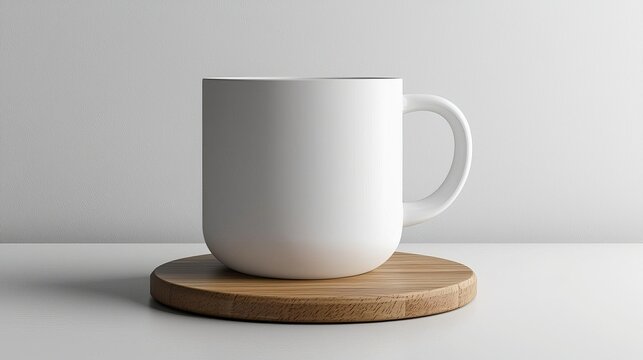 Minimalistic white blank mug with a wooden coaster on a white table, front-facing mock-up for product branding and design presentation, ideal for showcasing logos, text, or custom artwork.