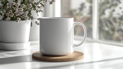 Fototapeta premium Minimalistic white blank mug with a wooden coaster on a white table, front-facing mock-up for product branding and design presentation, ideal for showcasing logos, text, or custom artwork.