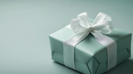 A small birthday gift wrapped in soft pink green paper, tied with a delicate white ribbon, placed on a light gray background. Simple and elegant design, realistic style.