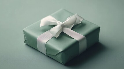 A small birthday gift wrapped in soft pink green paper, tied with a delicate white ribbon, placed on a light gray background. Simple and elegant design, realistic style.